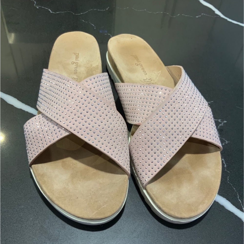 Paul Green Slide Sandals Pink Silver Studs Rhinestone Suede UK8 or US10